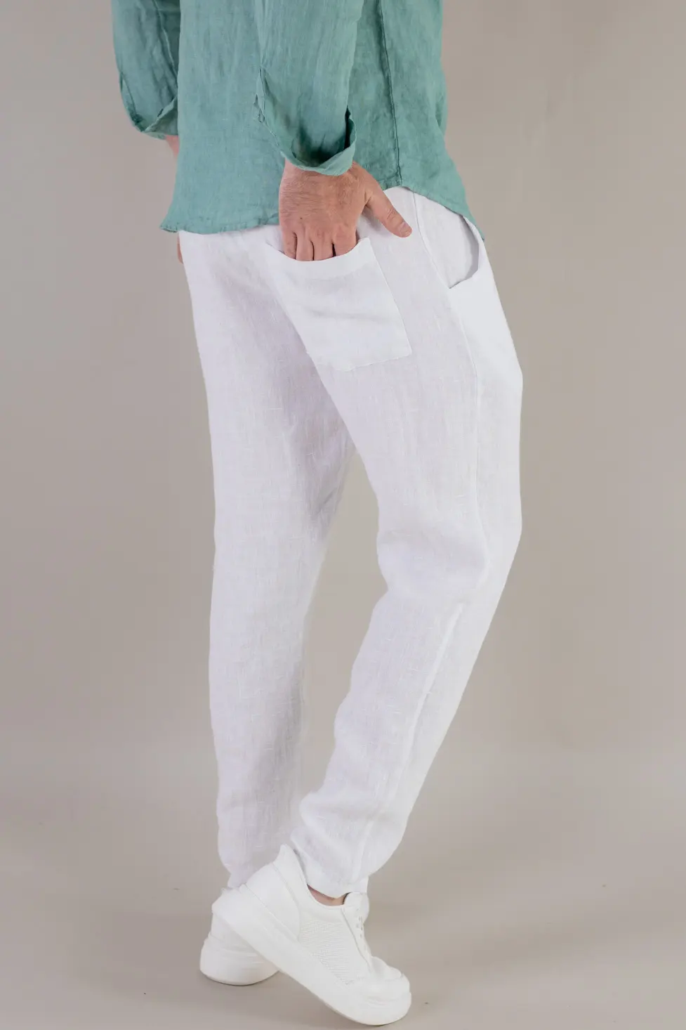 Pantaloni albi din in 100% conici – Made in Italy [4]