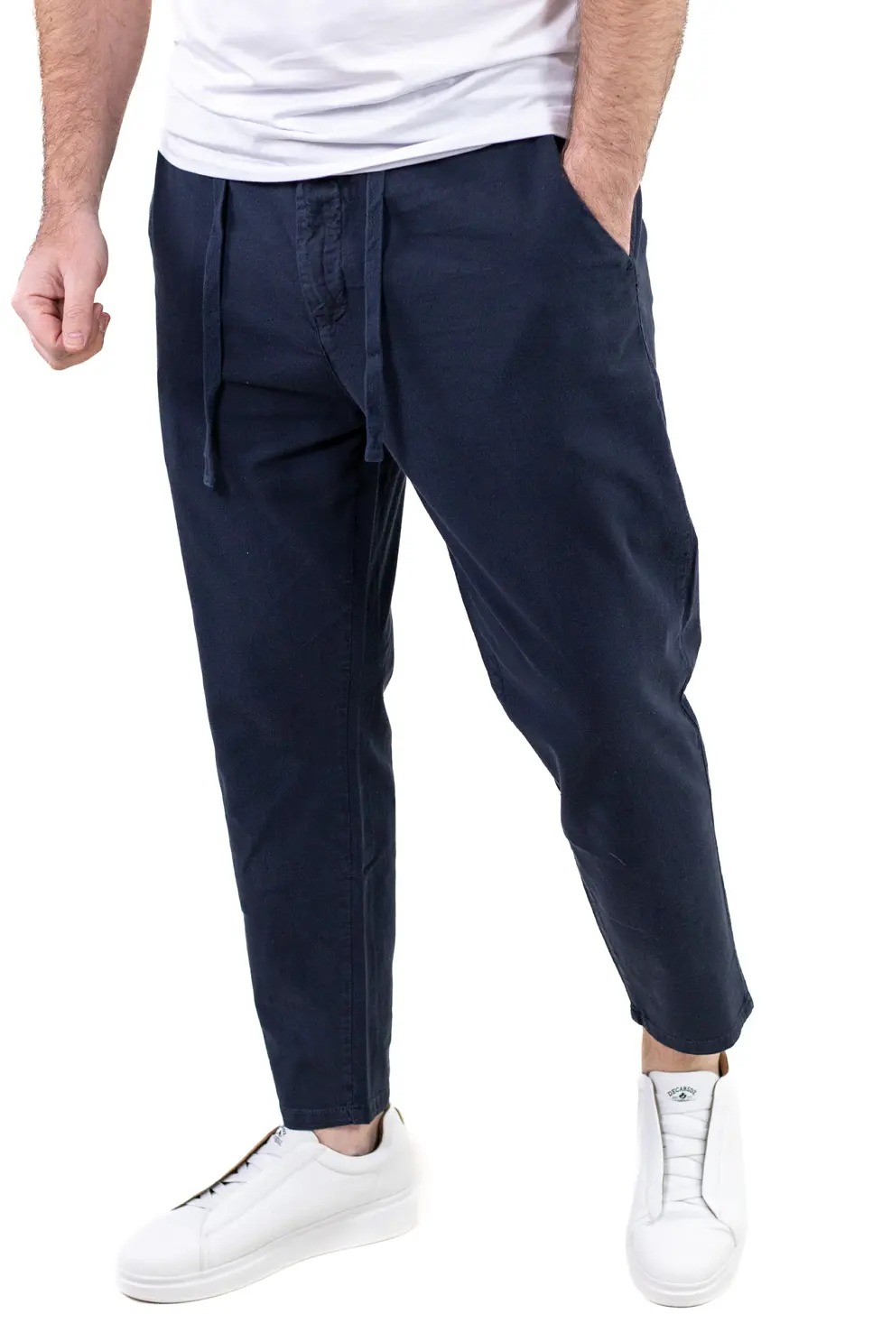 Barbati - Pantaloni Vară Bărbați Chino, Bumbac 100%, Talie Elastică cu Șnur, Bleumarin.