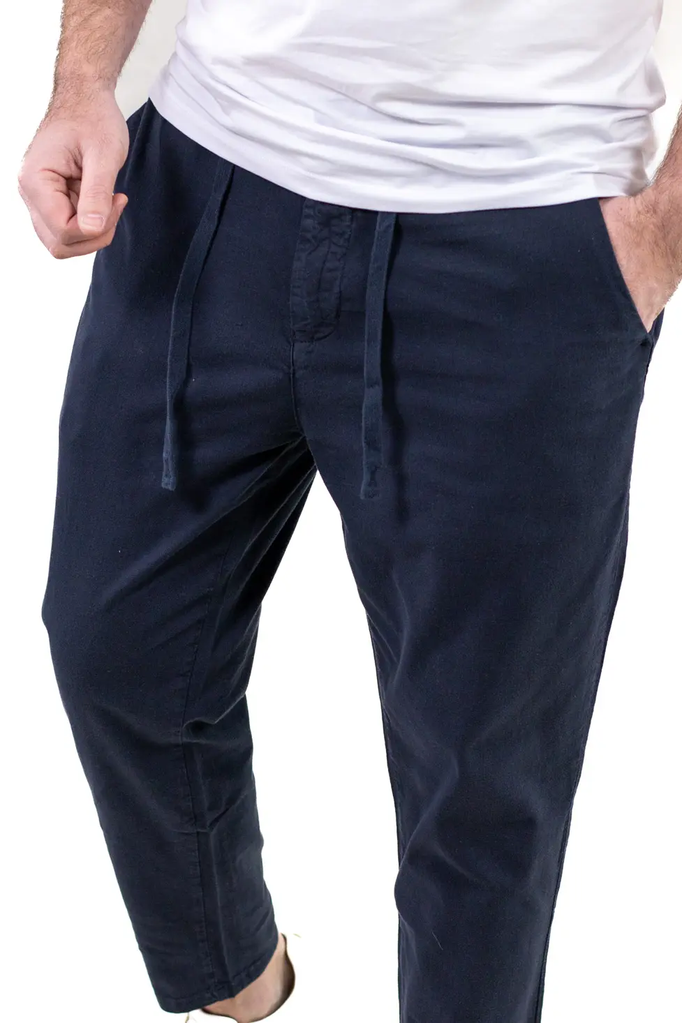 Pantaloni Vară Bărbați Chino, Bumbac 100%, Talie Elastică cu Șnur, Bleumarin. [5]