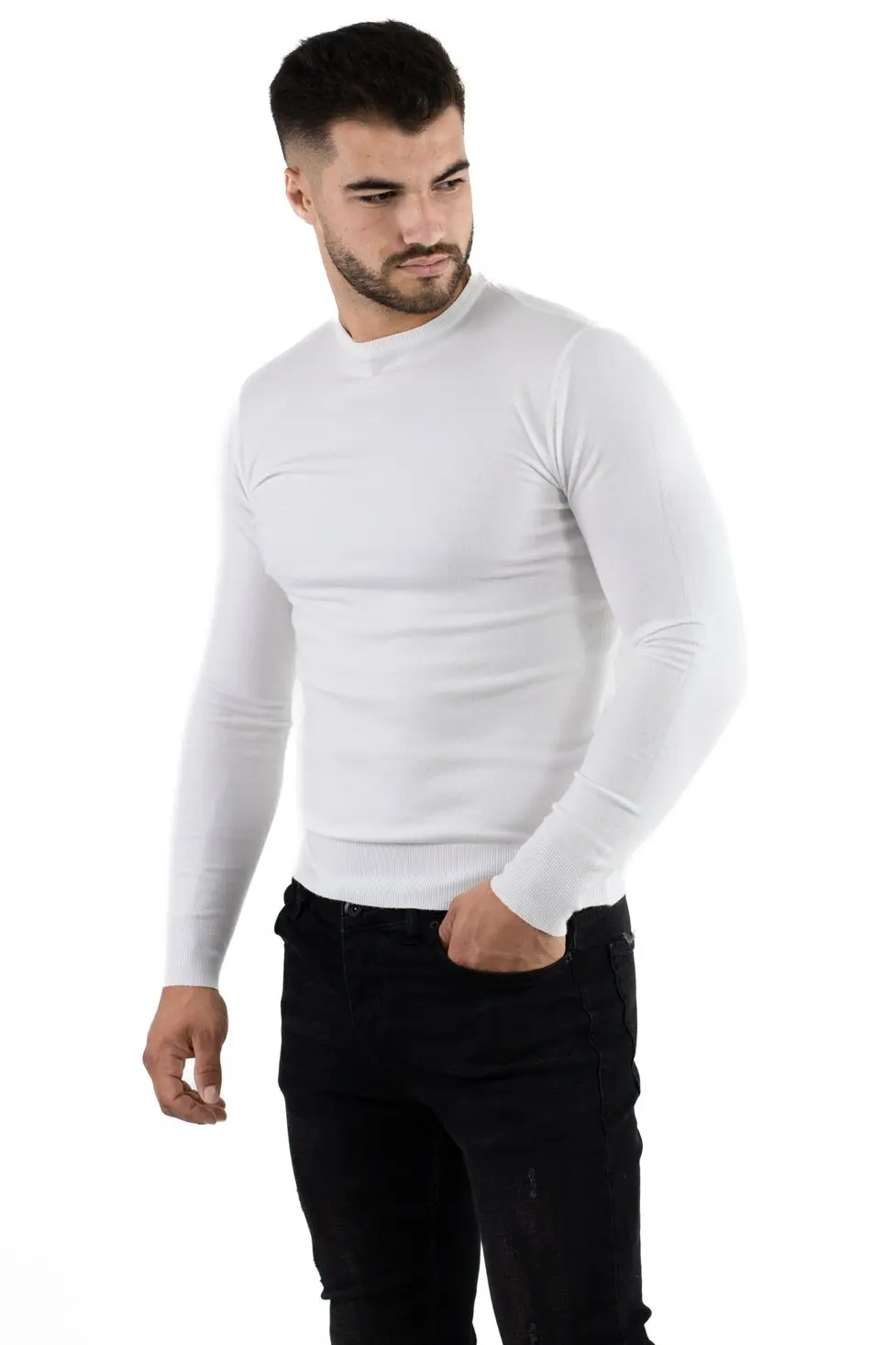 Pulover alb barbati cu guler rotund [5]