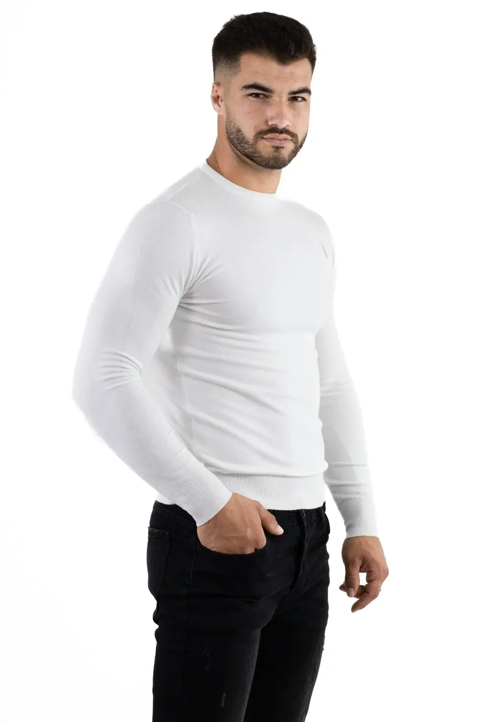Pulover alb barbati cu guler rotund [1]