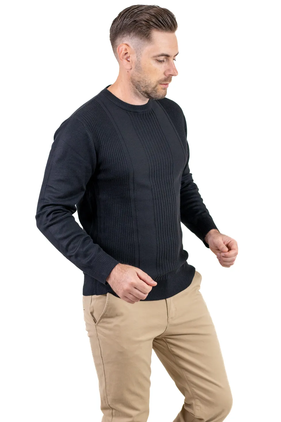 Pulover negru texturat cu guler rotund [1]