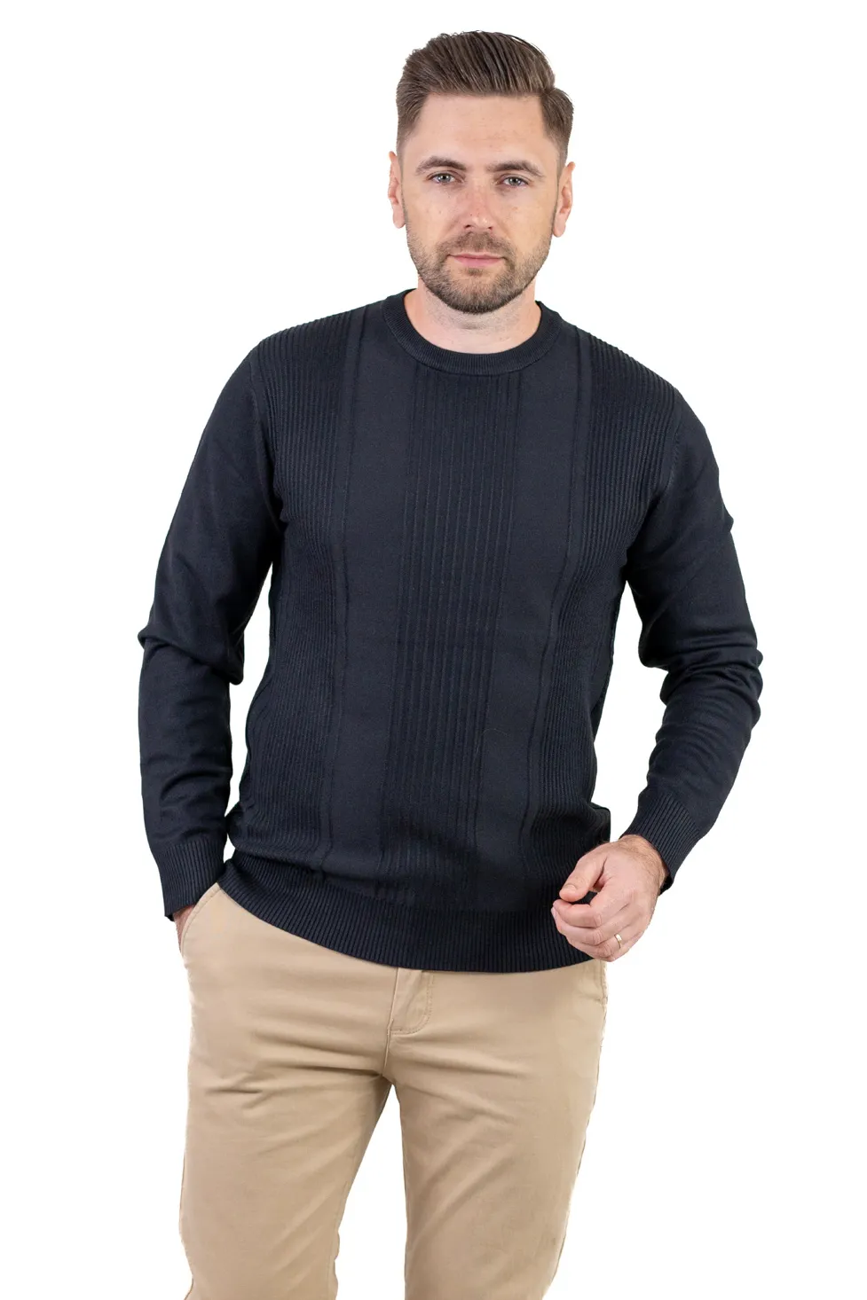 Pulover negru texturat cu guler rotund [4]
