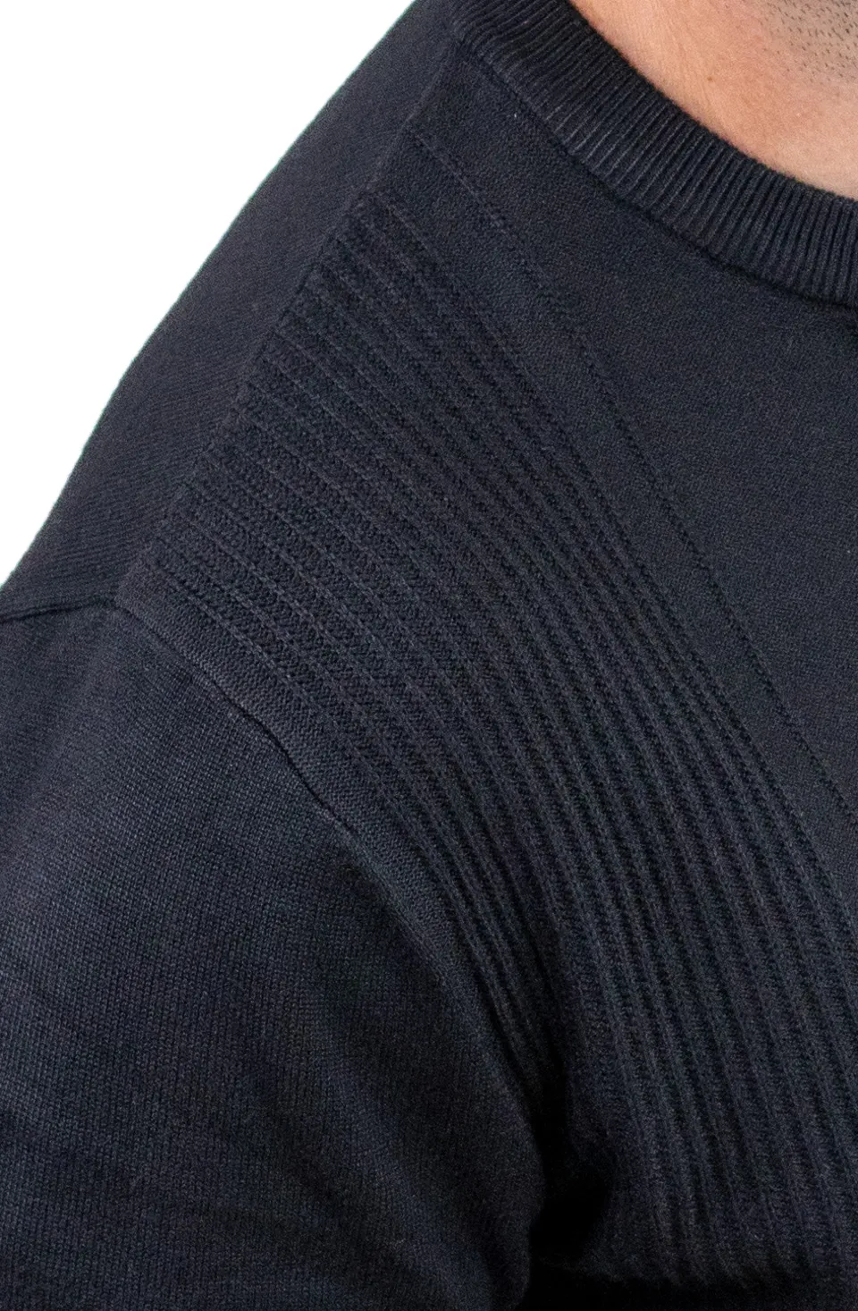 Pulover negru texturat cu guler rotund [6]
