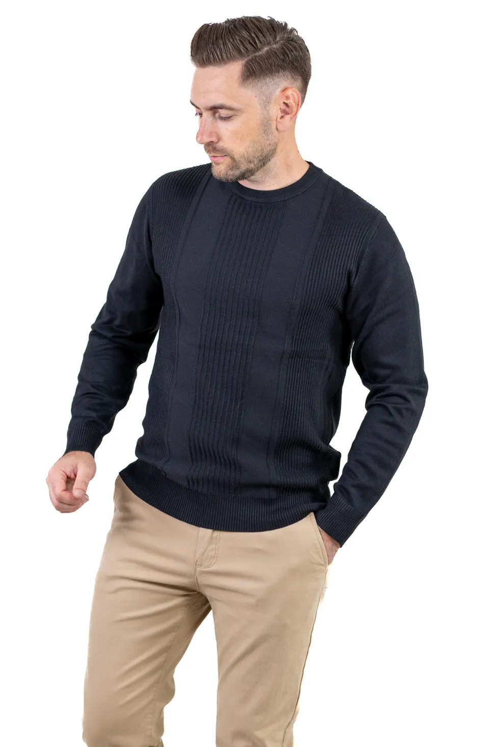 PULOVERE/MALETE - Pulover negru texturat cu guler rotund