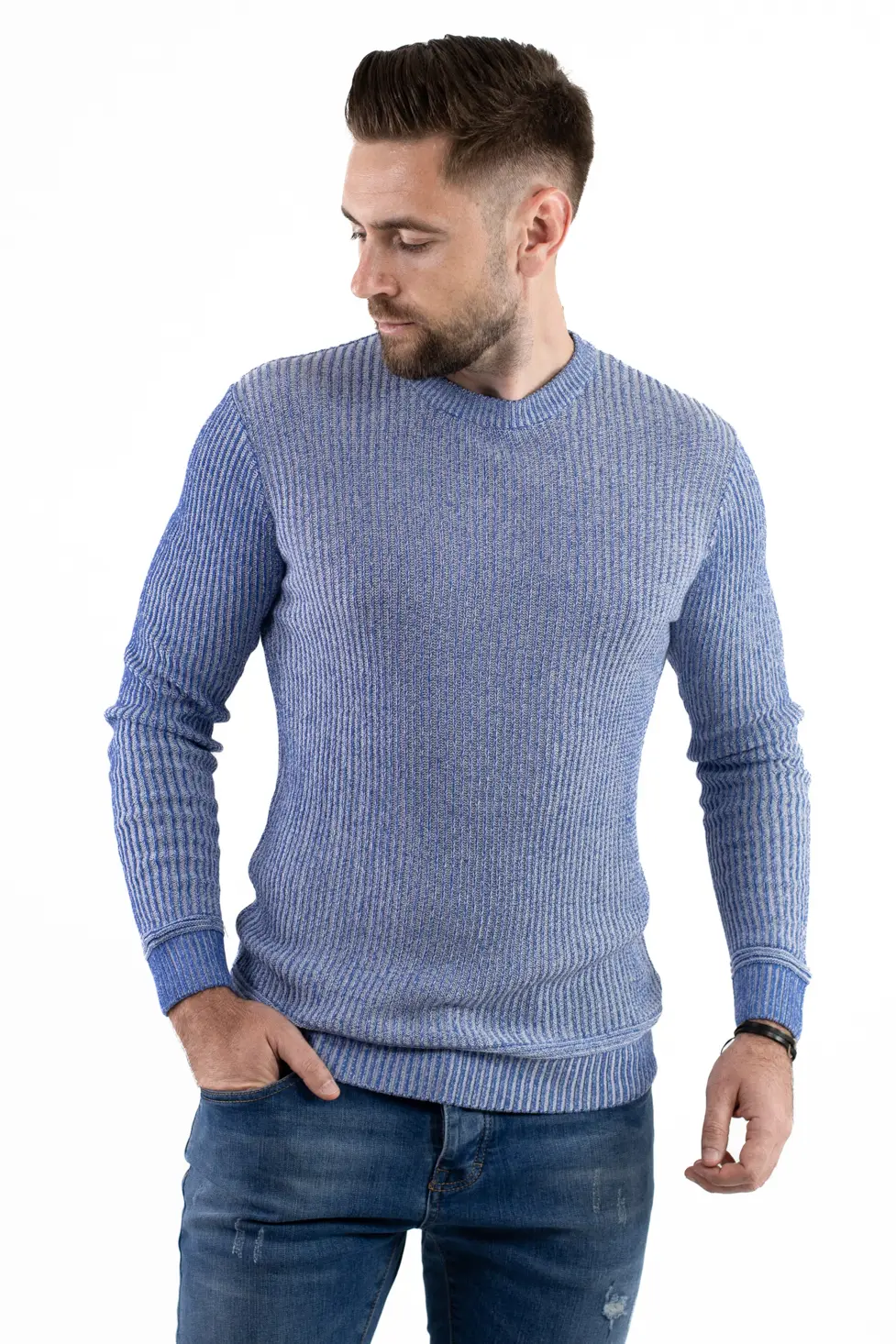 Barbati - Pulover albastru din tricot barbati