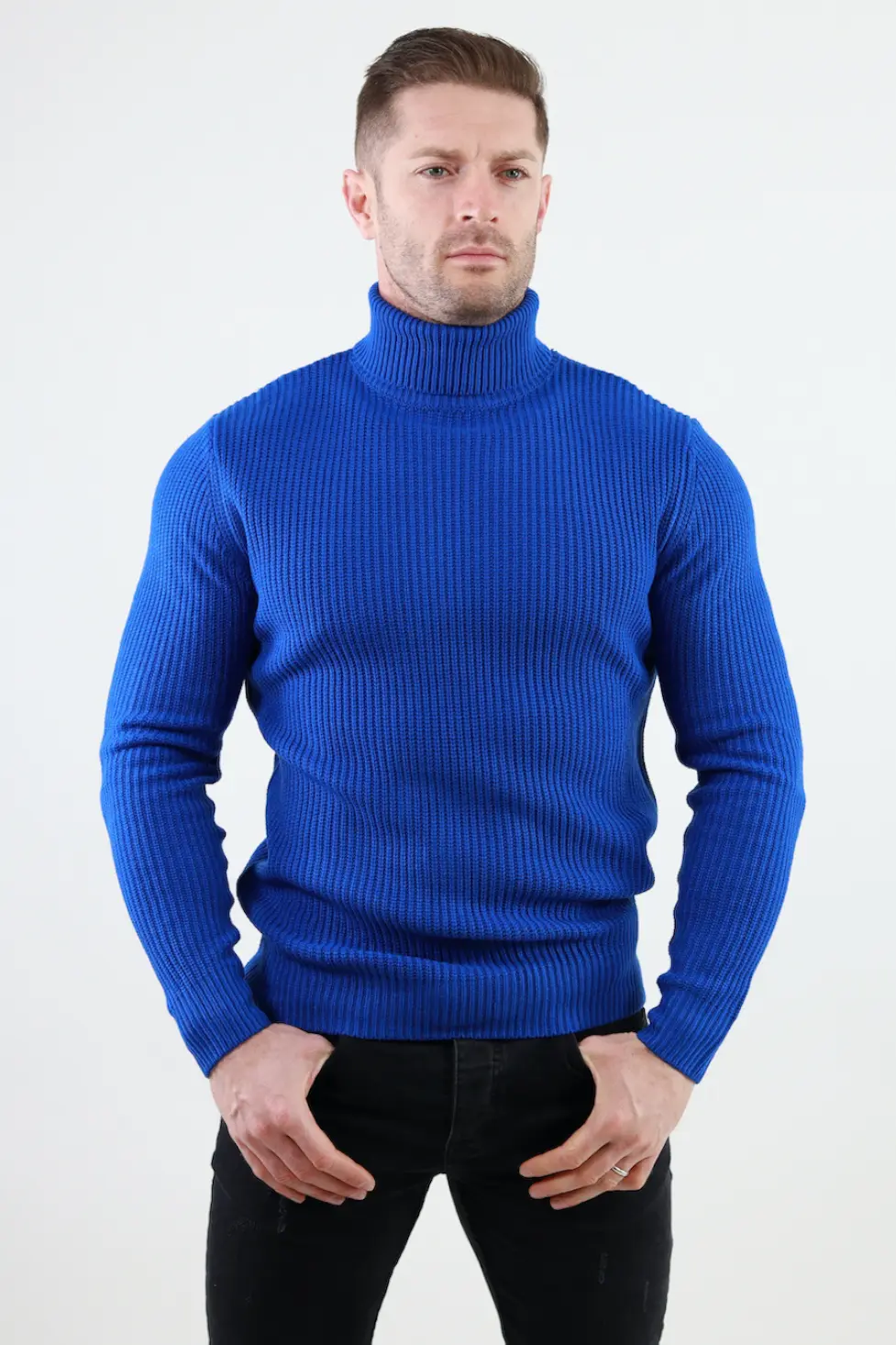Pulover albastru gros din tricot cu guler inalt barbati [2]