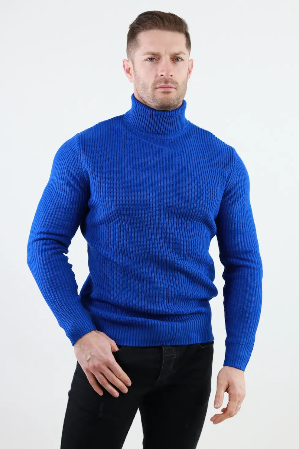 Pulover albastru gros din tricot cu guler inalt barbati [4]