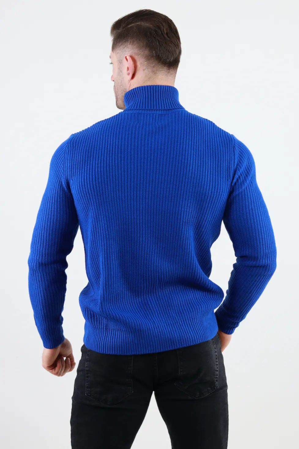 Pulover albastru gros din tricot cu guler inalt barbati [3]