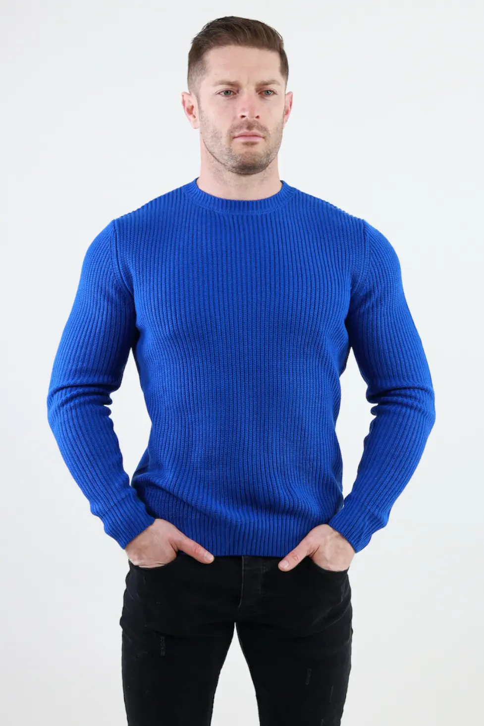 Pulover albastru gros din tricot cu guler rotund barbati [1]