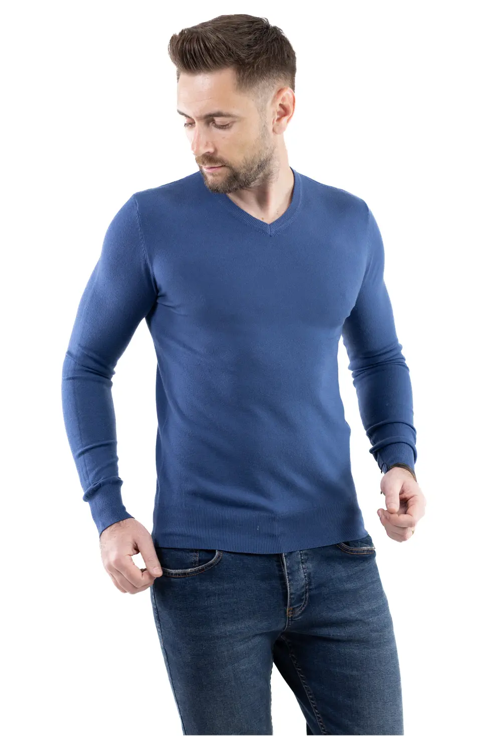 Promotii - Pulover barbati cu guler in V albastru denim