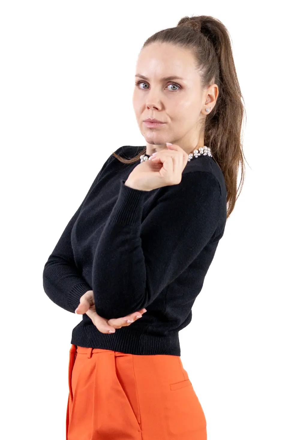 Pulover damă tip cașmir cu perle aplicate la guler – Maxwear [5]