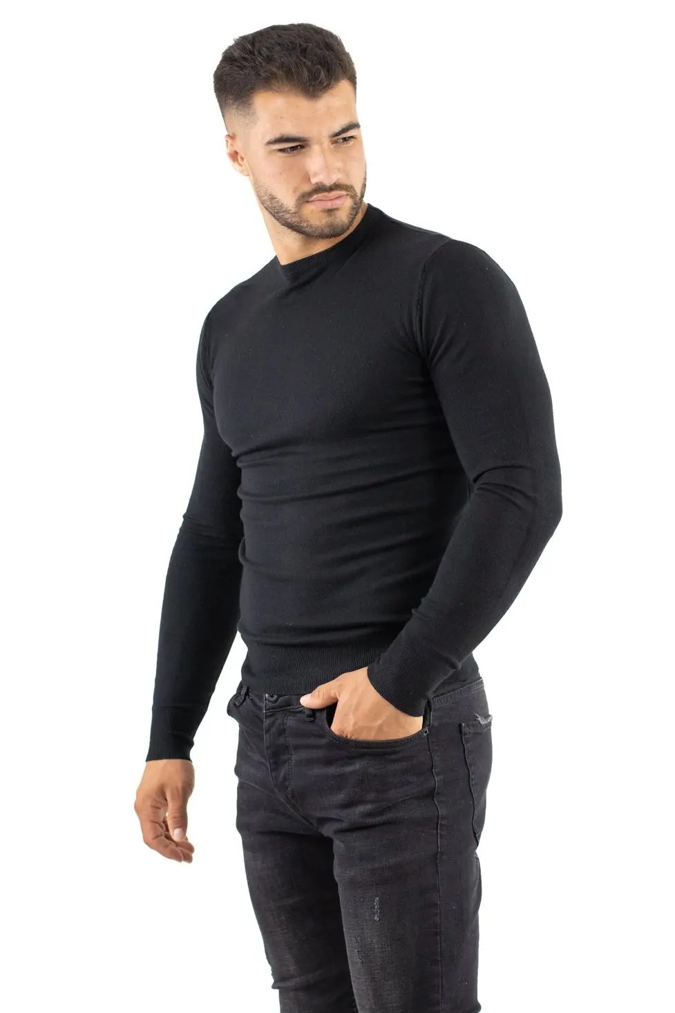 Pulover barbati negru cu guler rotund [5]