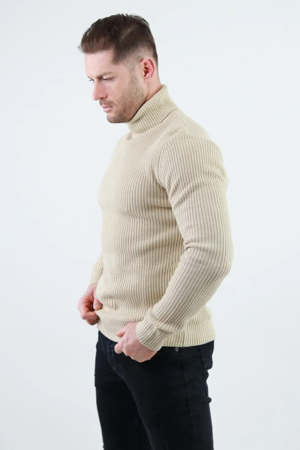 Pulover bej gros din tricot cu guler inalt barbati [2]