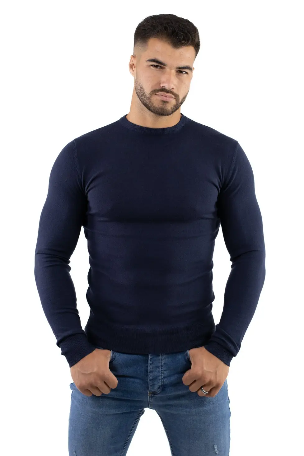 Barbati - Pulover bleumarin barbati cu guler rotund