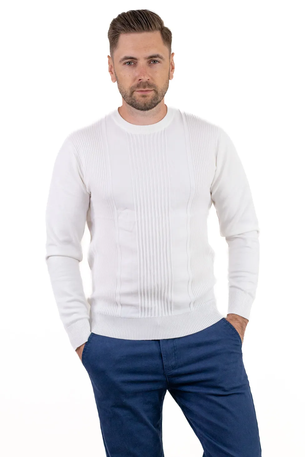 PULOVERE/MALETE - Pulover alb texturat cu guler rotund