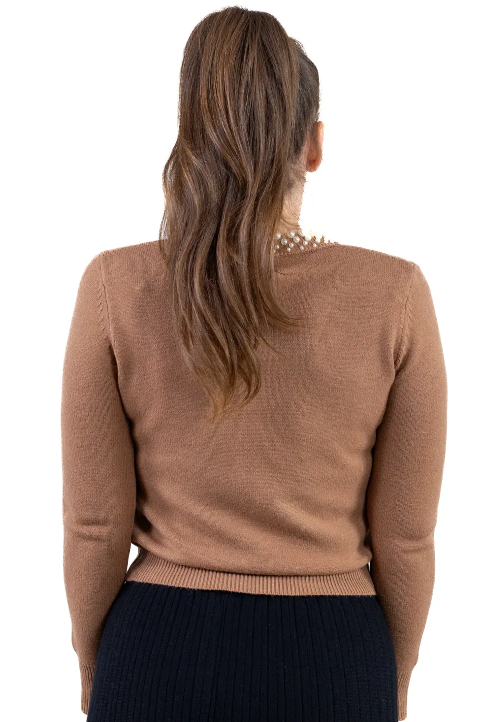 Pulover damă tip cașmir cu perle aplicate la guler – Maxwear [1]