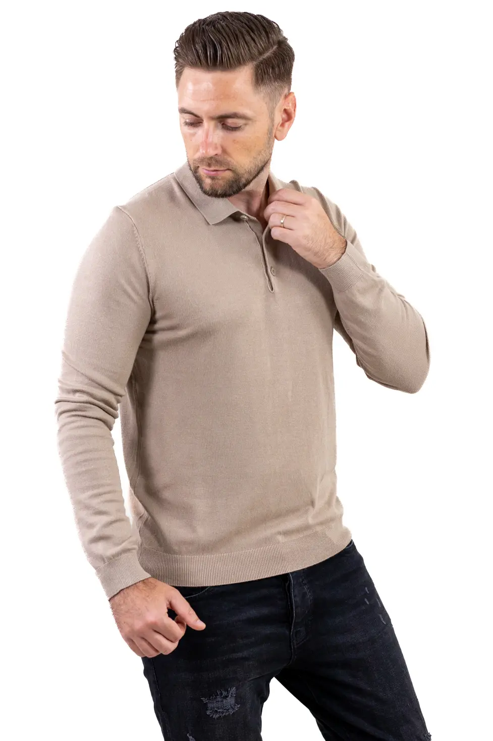 Pulover elegant tip polo pentru bărbați – bej [4]