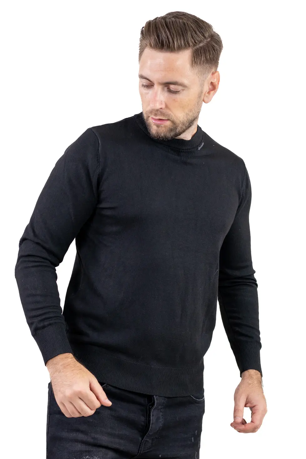 Pulover bărbați negru cu guler rotund și cotiere [4]