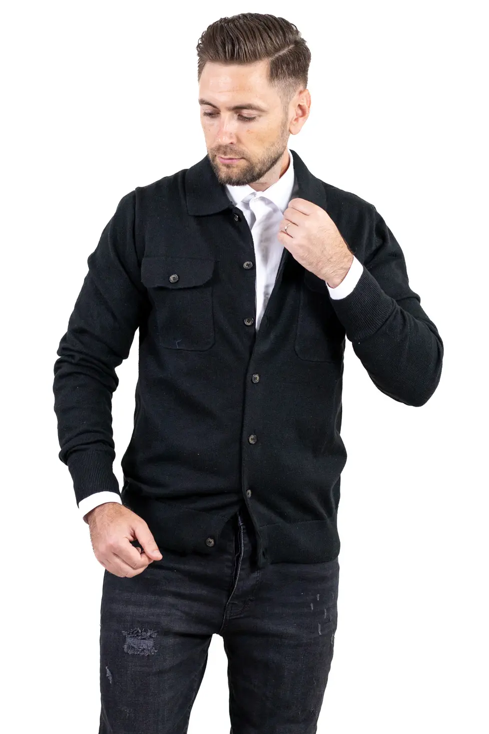 Promotii - Cardigan negru pentru bărbați din vâscoză, lână și poliamidă
