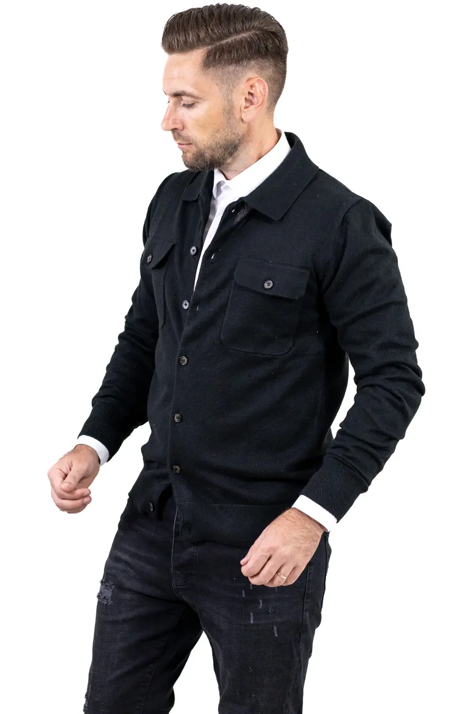 Cardigan negru pentru bărbați din vâscoză, lână și poliamidă [1]