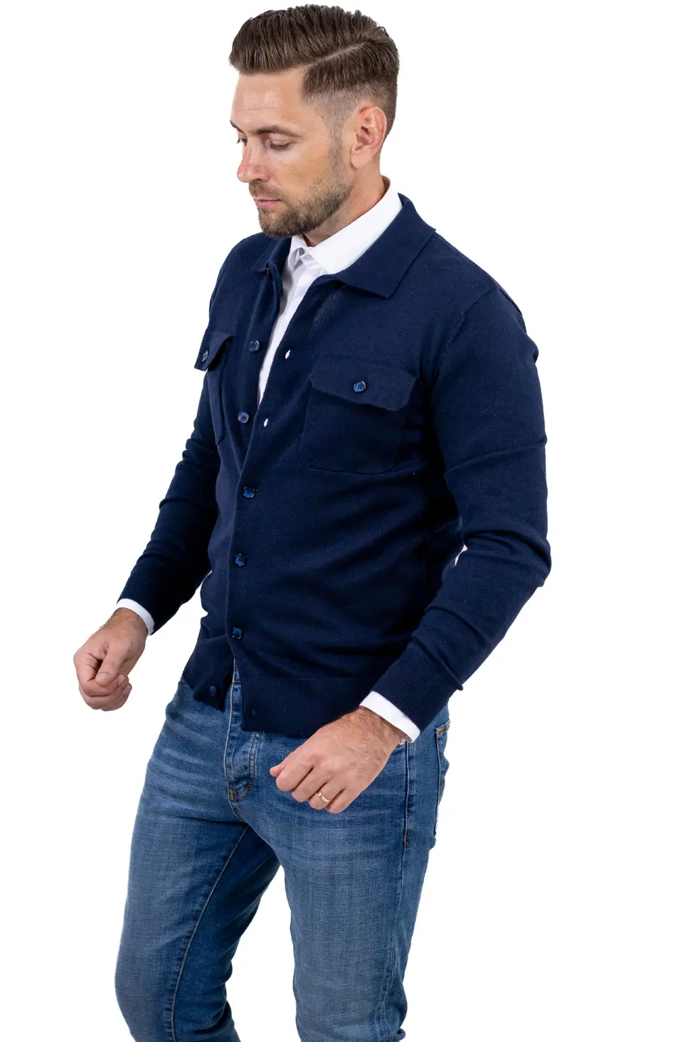 Cardigan bleumarin pentru bărbați din vâscoză, lână și poliamidă [4]