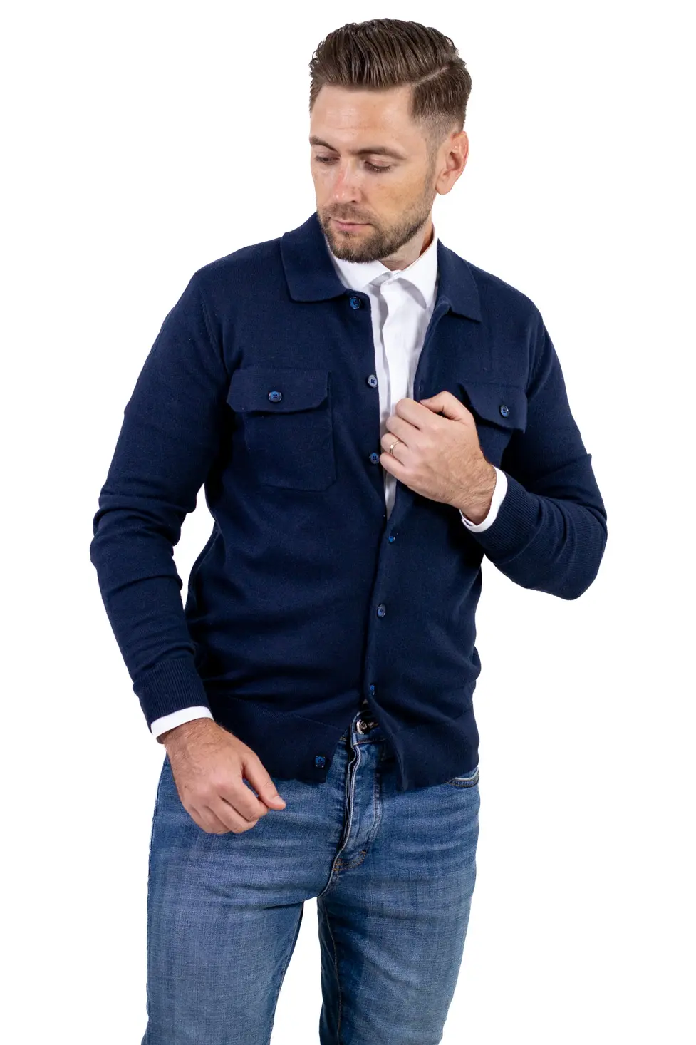 Cardigan bleumarin pentru bărbați din vâscoză, lână și poliamidă [5]