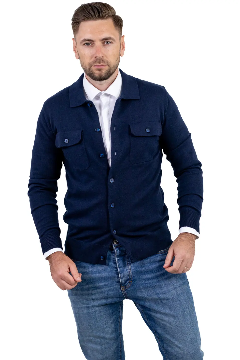 Noutati - Cardigan bleumarin pentru bărbați din vâscoză, lână și poliamidă