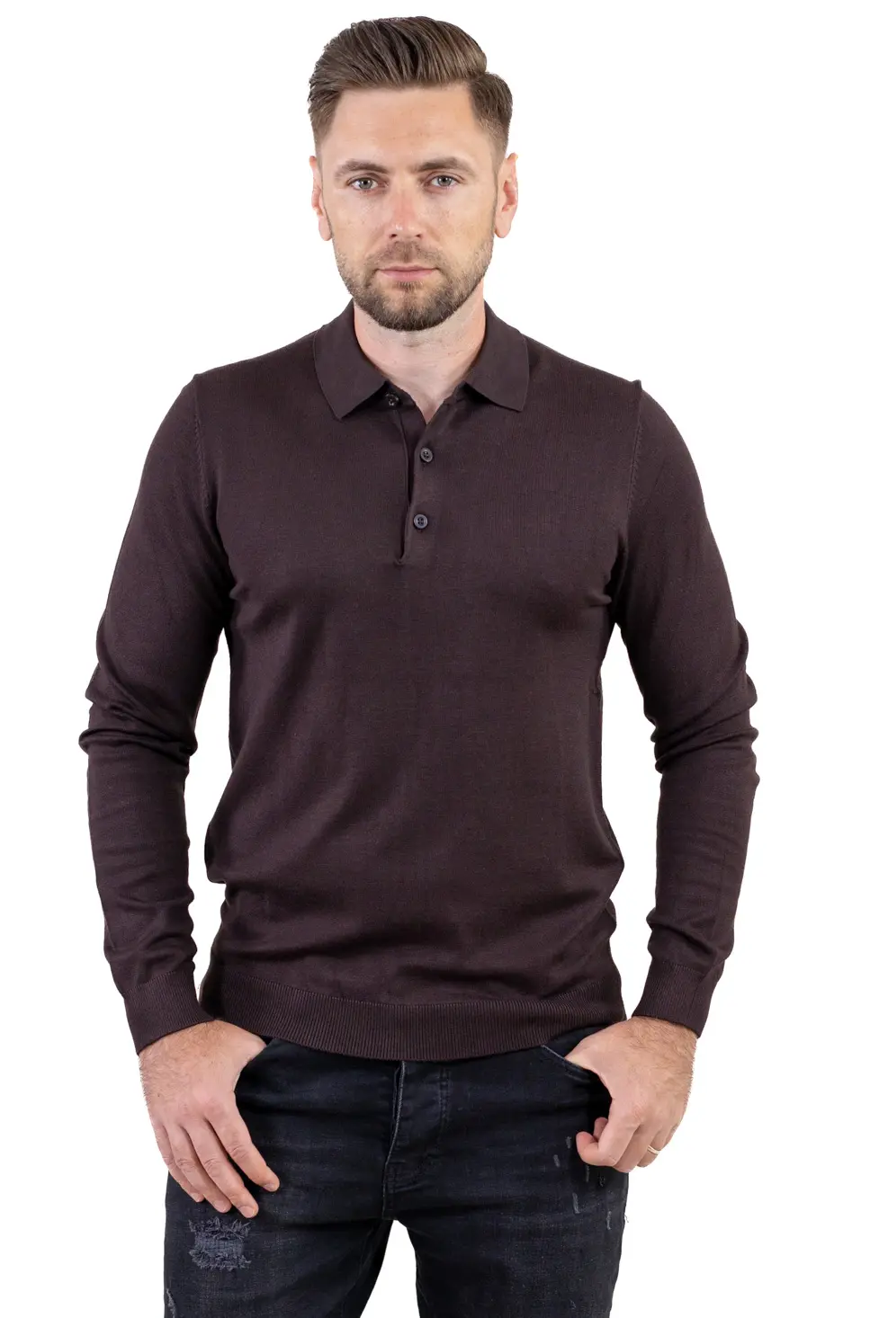 Pulover elegant tip polo pentru bărbați – maro [6]