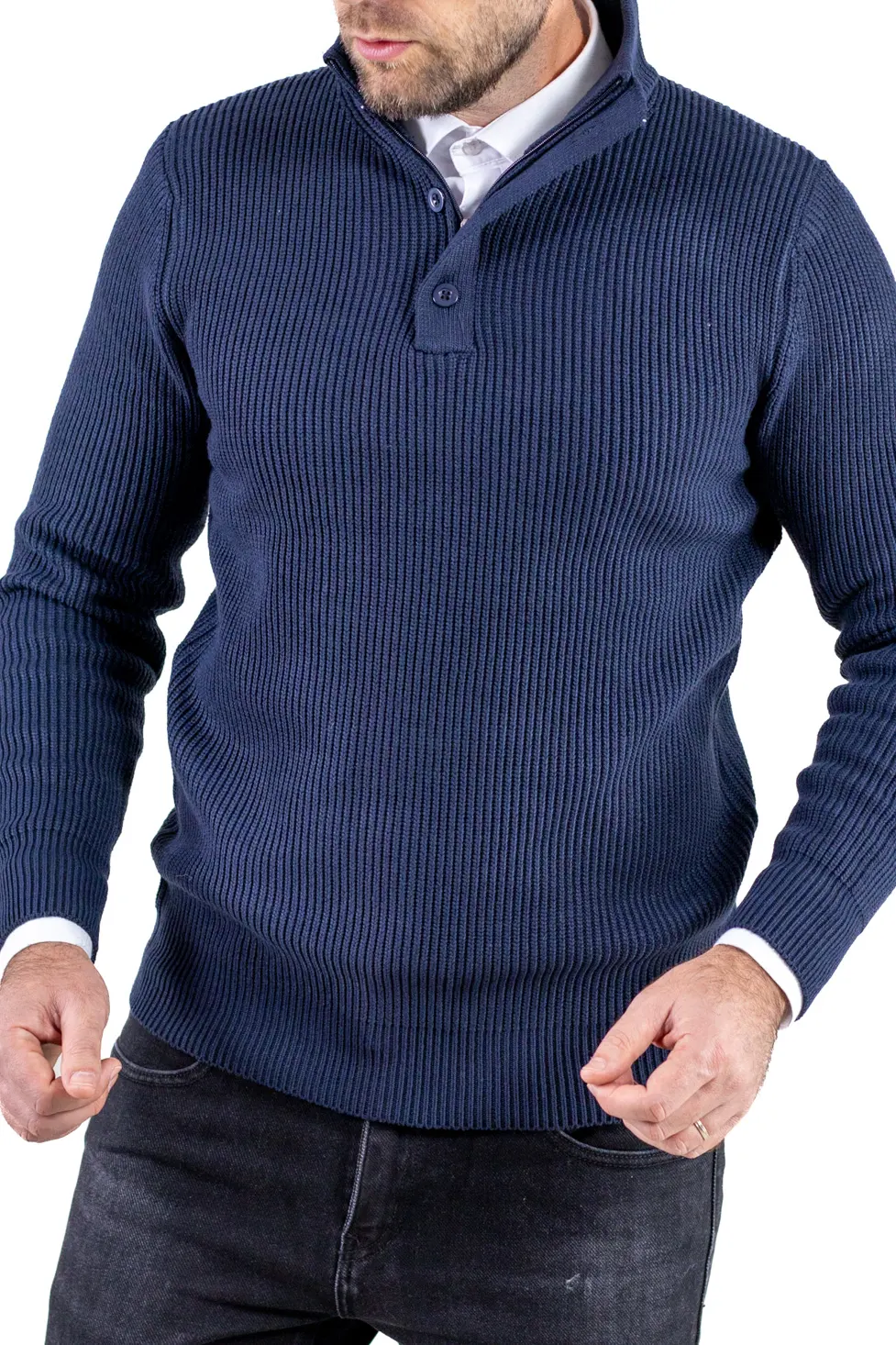 Pulover bărbați din tricot cu guler semi-înălțat și fermoar bleumarin [9]