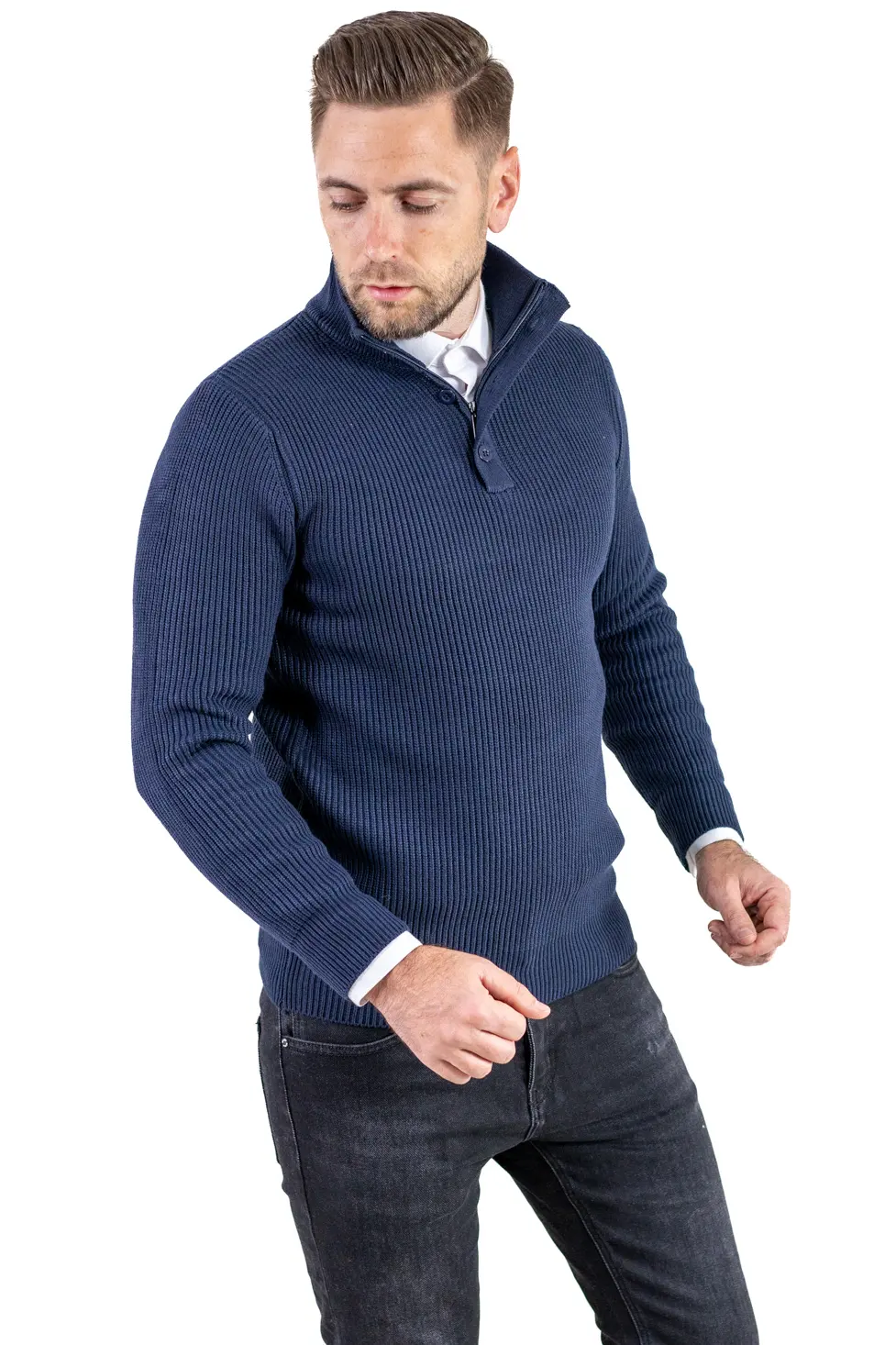 Barbati - Pulover bărbați din tricot cu guler semi-înălțat și fermoar bleumarin