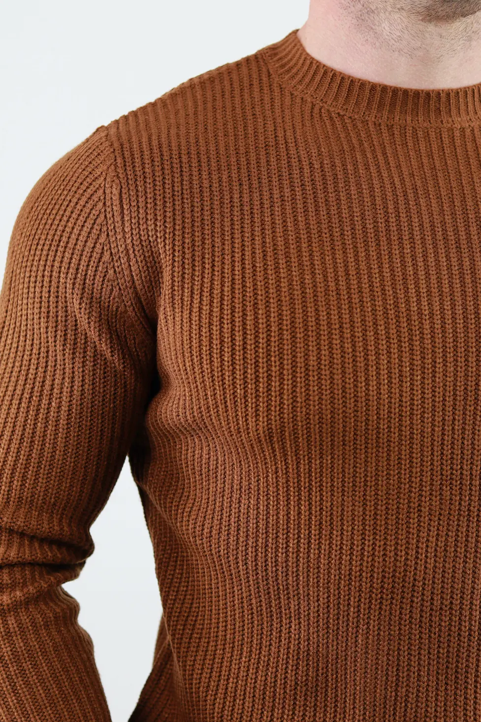 Pulover maro gros din tricot cu guler rotund barbati [5]