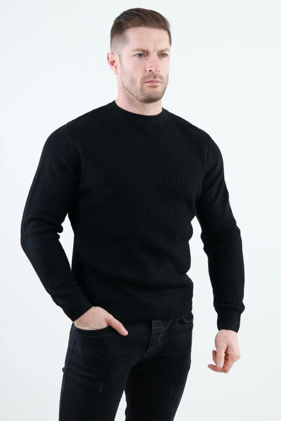 Barbati - Pulover negru gros din tricot cu guler rotund barbati