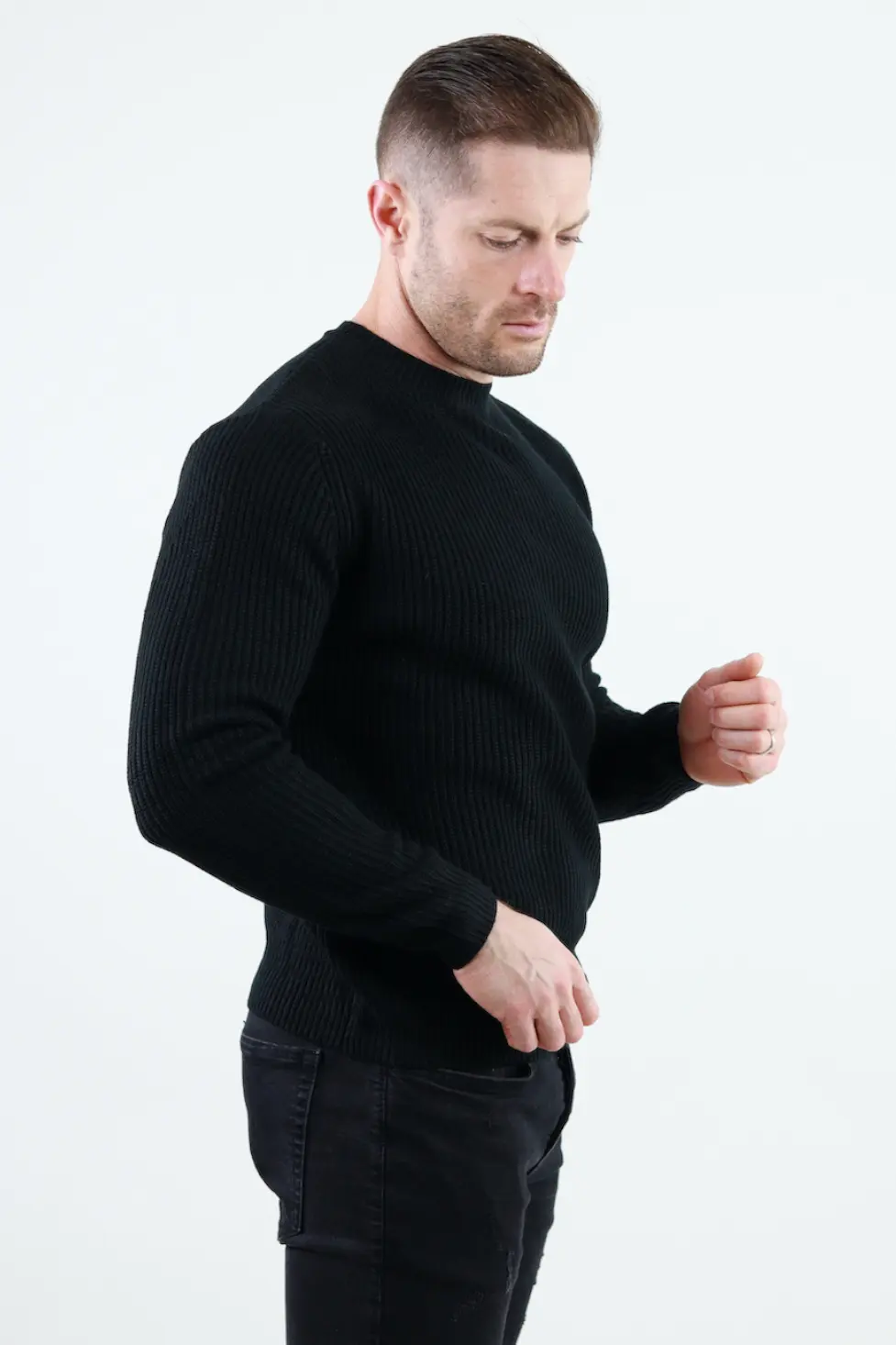 Pulover negru gros din tricot cu guler rotund barbati [4]