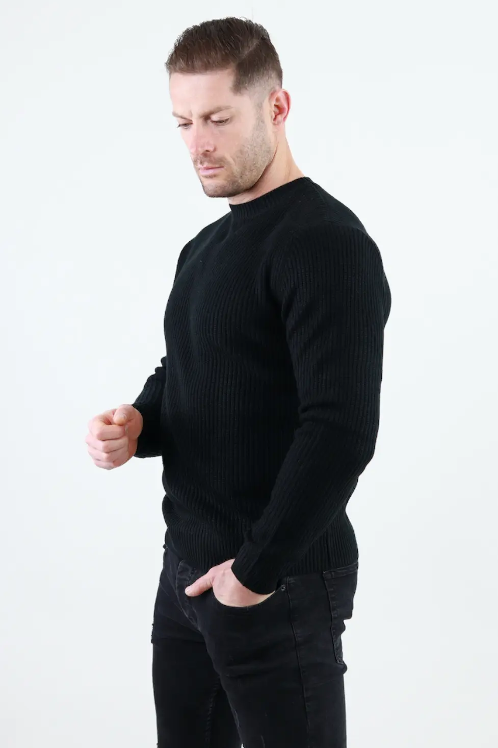 Pulover negru gros din tricot cu guler rotund barbati [3]