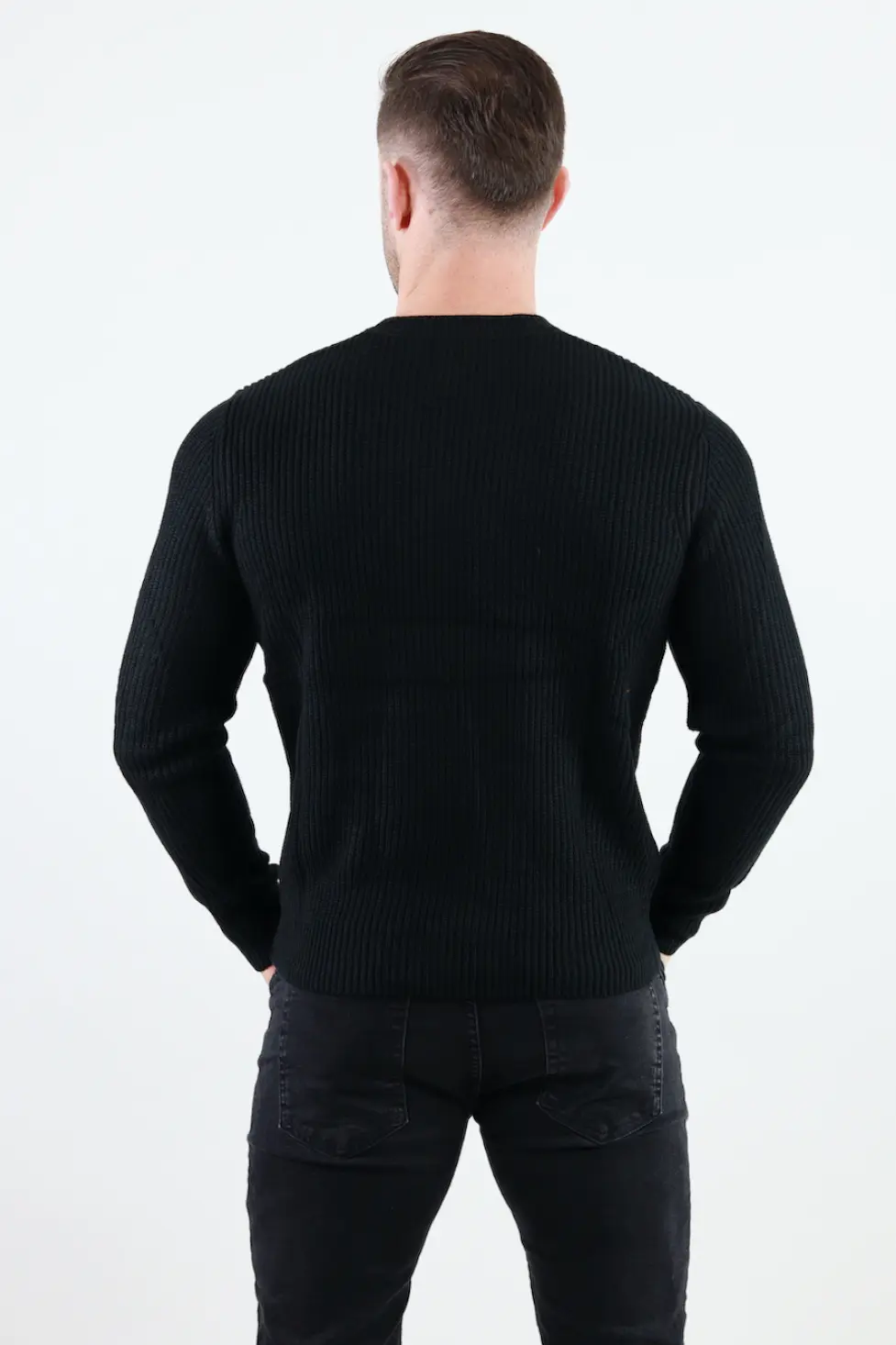 Pulover negru gros din tricot cu guler rotund barbati [1]
