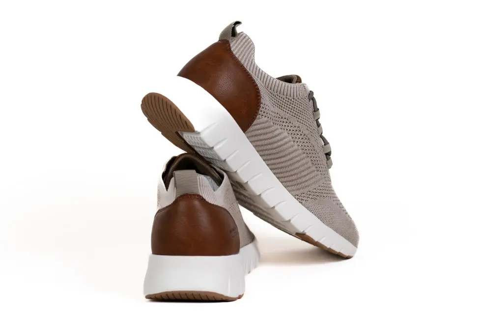 Sneakers Bărbați Bej, Textil Tricotat, Inserții Piele Maro, Talpă Segmentată Albă [4]