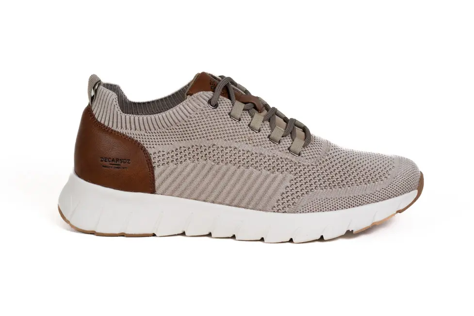 Barbati - Sneakers Bărbați Bej, Textil Tricotat, Inserții Piele Maro, Talpă Segmentată Albă