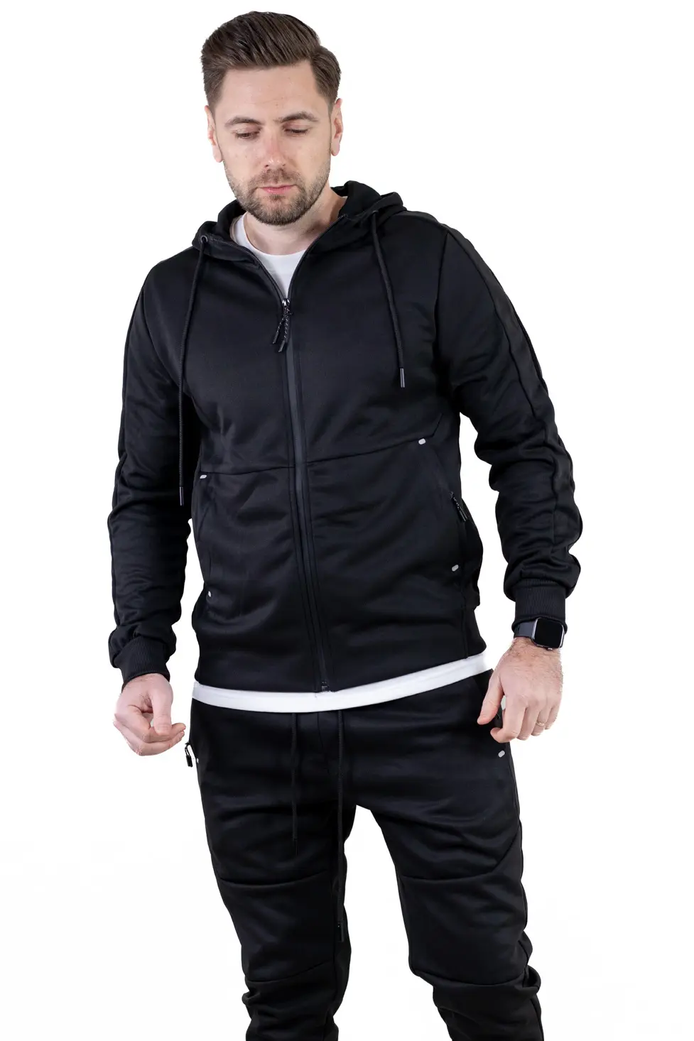 Barbati - Trening barbati cu hanorac si pantaloni, material elastic, negru