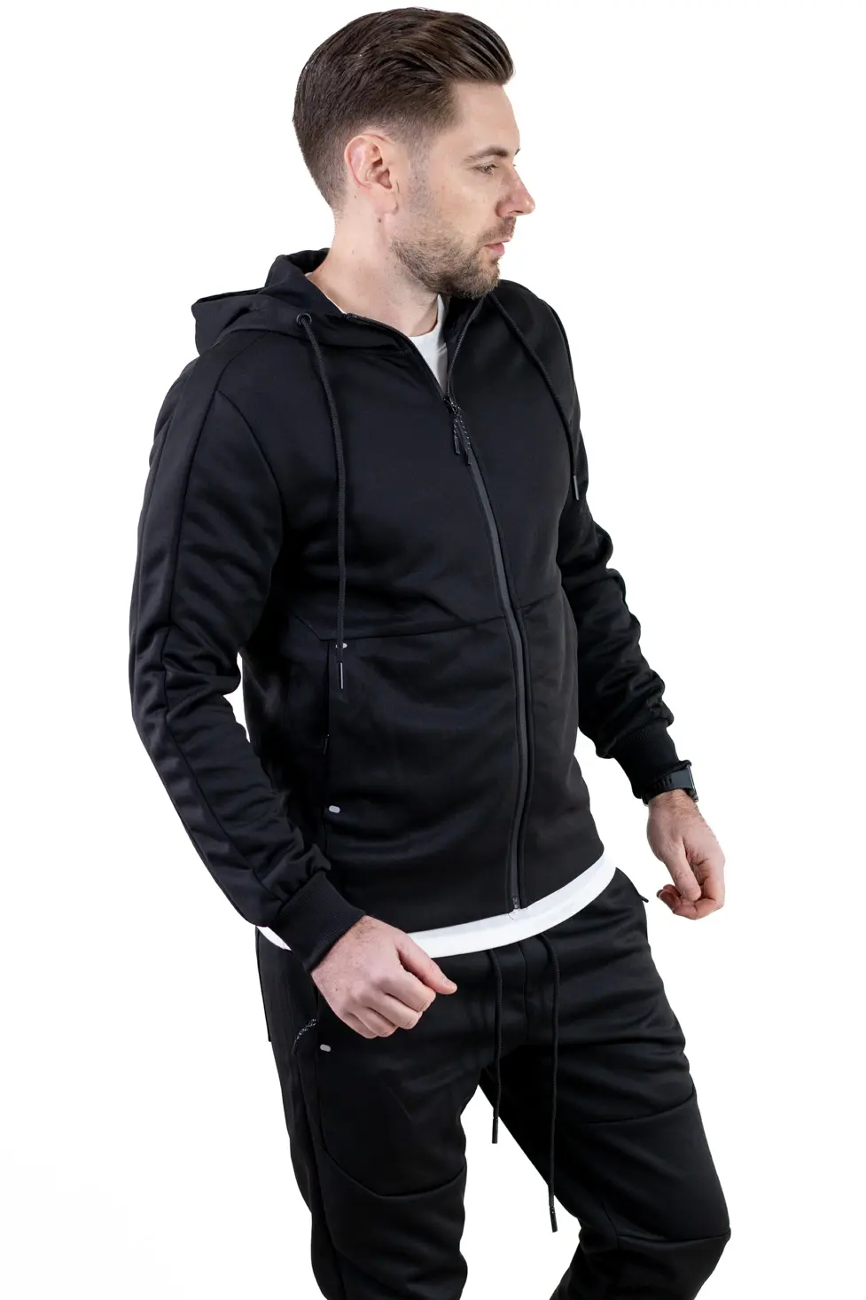 Trening barbati cu hanorac si pantaloni, material elastic, negru [1]