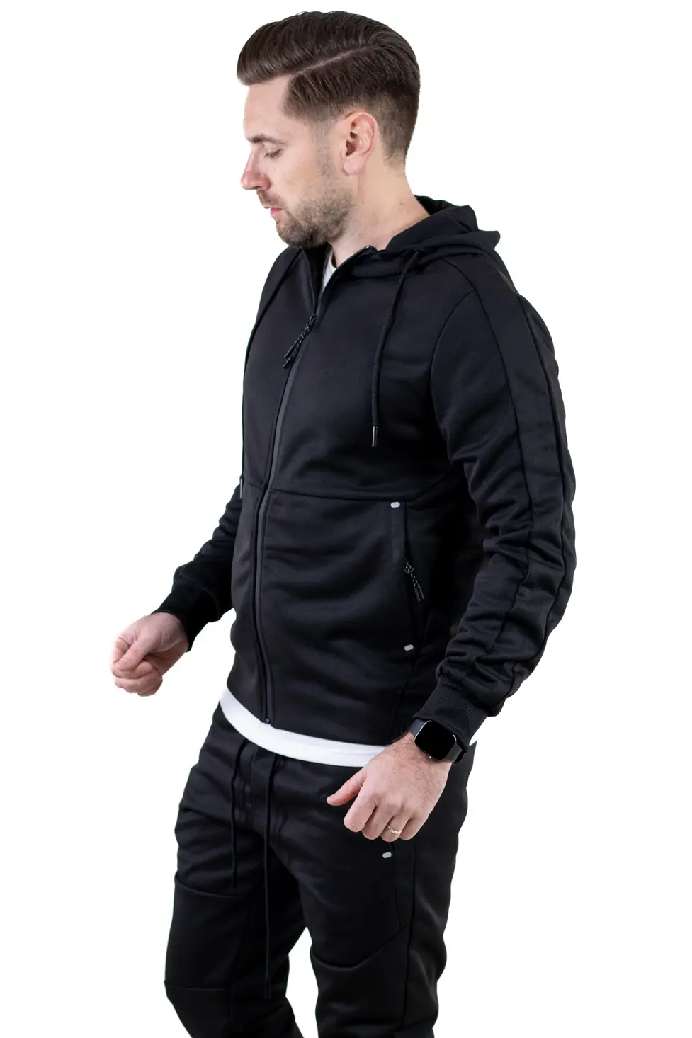 Trening barbati cu hanorac si pantaloni, material elastic, negru [2]