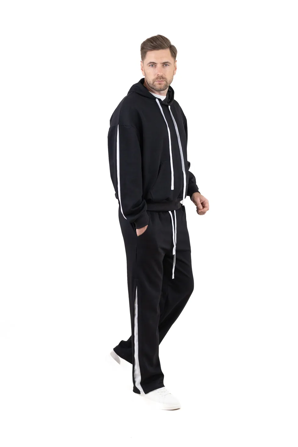 TRENINGURI - Trening bărbați oversize negru cu inserții albe
