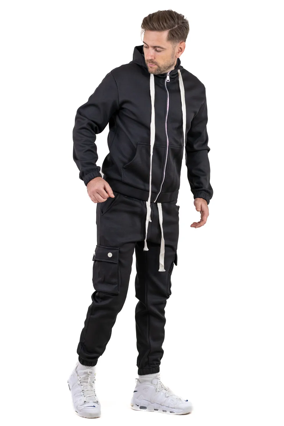 Trening gros negru vătuit cu glugă și pantaloni cargo [7]