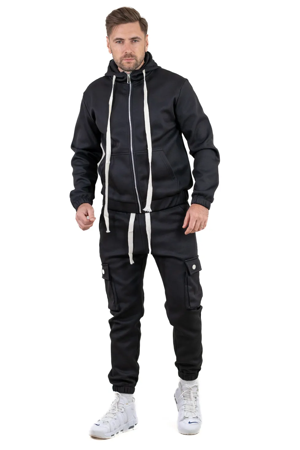 Trening gros negru vătuit cu glugă și pantaloni cargo [6]