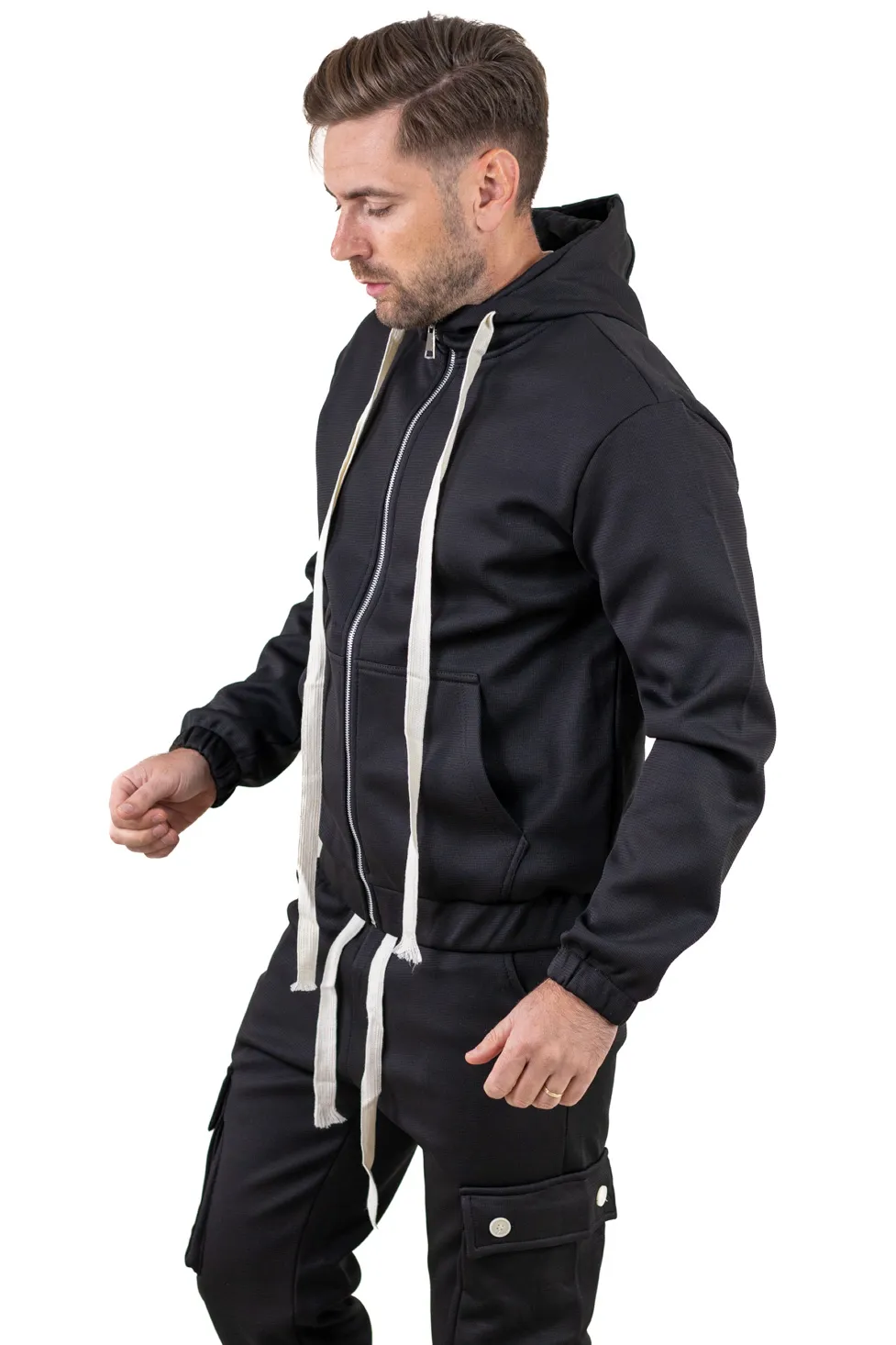 Trening gros negru vătuit cu glugă și pantaloni cargo [4]