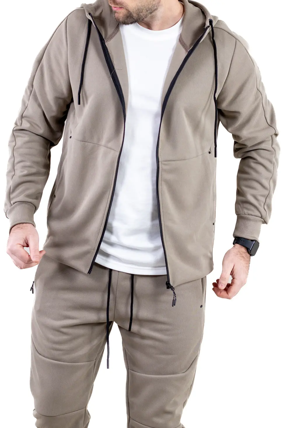 Trening barbati cu hanorac si pantaloni, material elastic, bej [7]