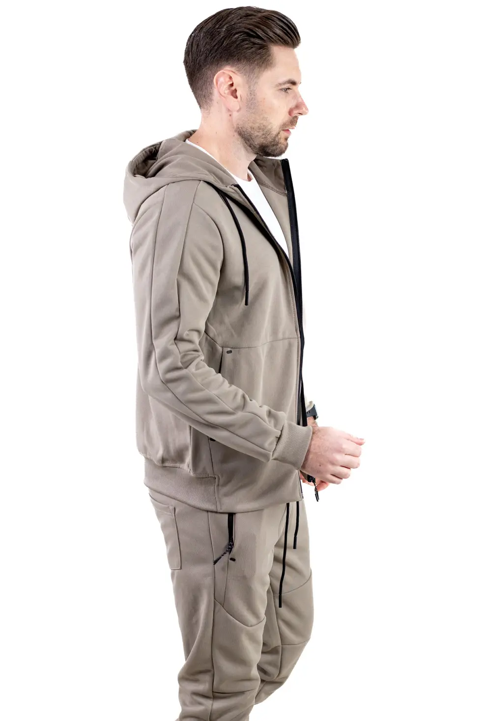 Trening barbati cu hanorac si pantaloni, material elastic, bej [4]