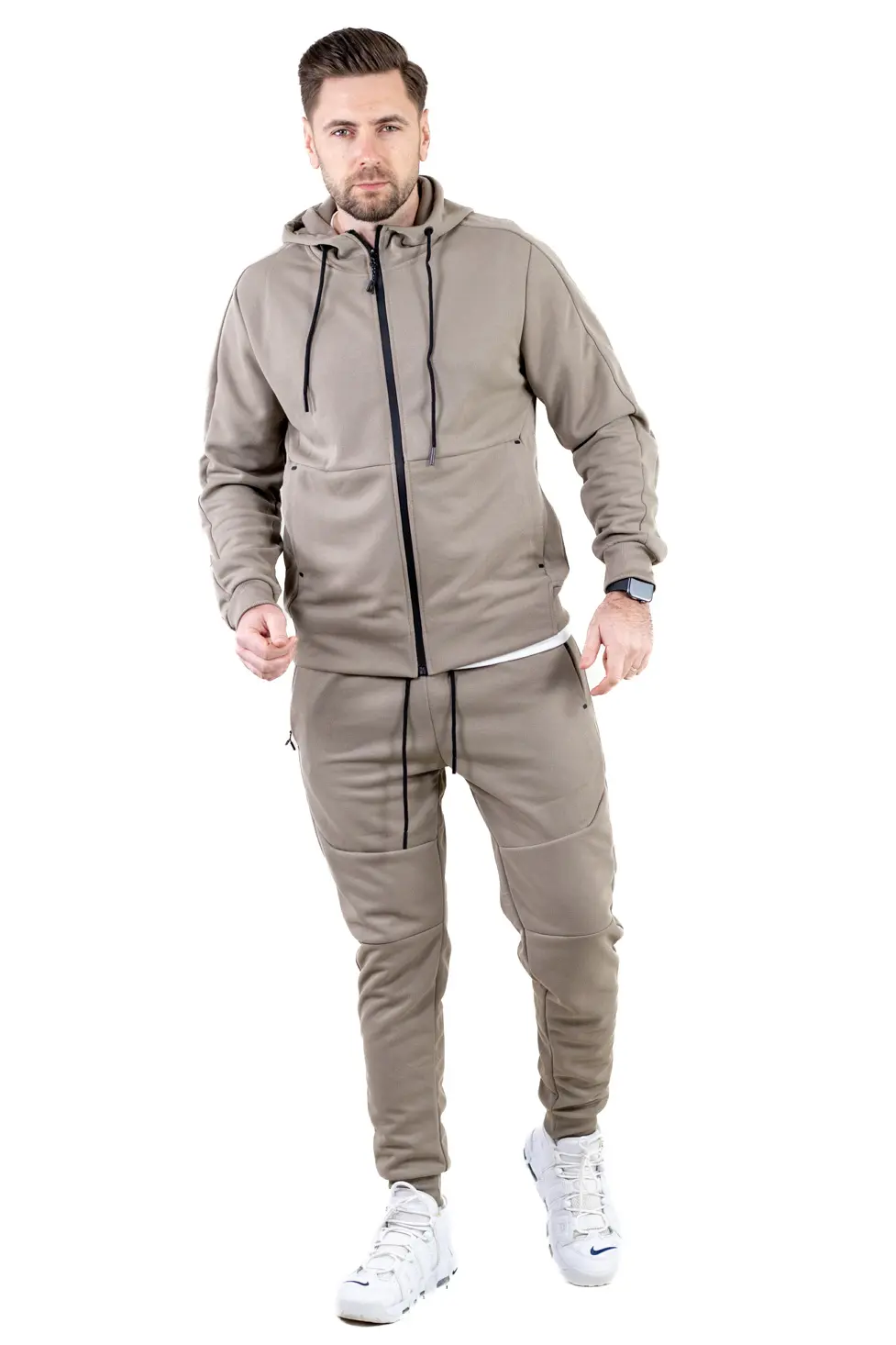 Barbati - Trening barbati cu hanorac si pantaloni, material elastic, bej