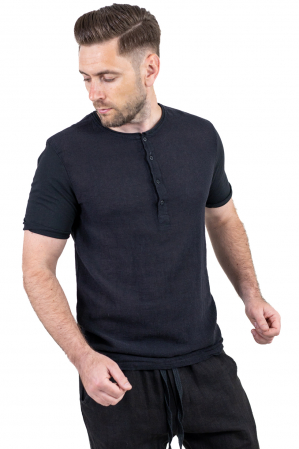 TRICOURI - Tricou negru din in si bumbac cu 4 nasturi