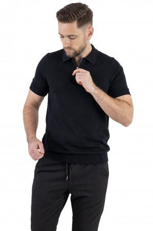SMART CASUAL - Tricou negru elegant cu guler normal si fermoar